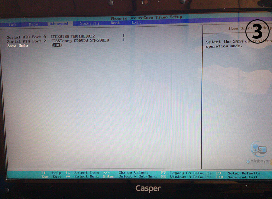 Casper Nirvana NB 15.6 Windows Kurma - Advanced Sekmesi 
