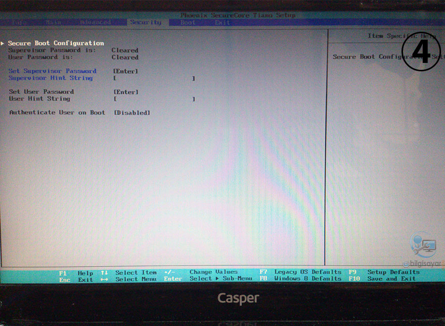 Casper Nirvana NB 15.6 Windows Kurma - Security Sekmesi