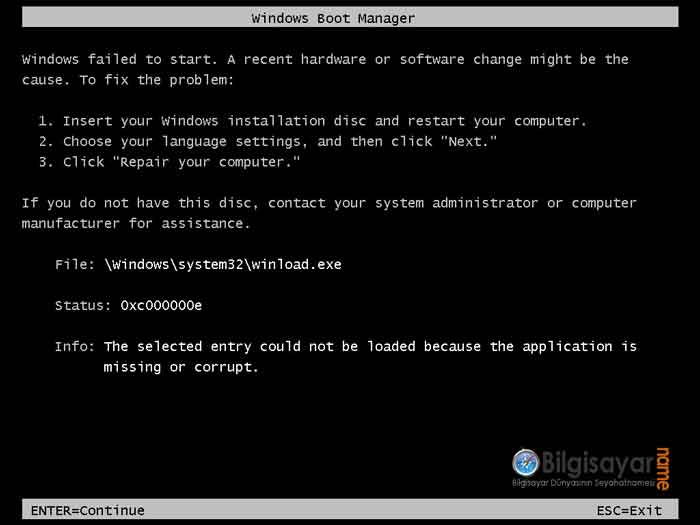 windows failed to start hatası