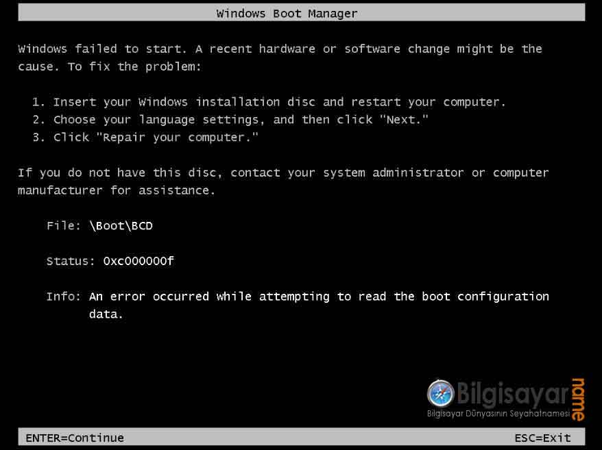 windows failed to start hatası